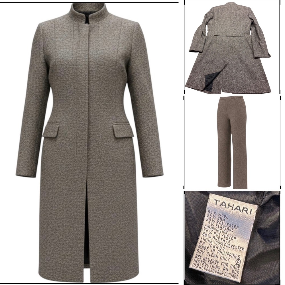 Tahari Arthur S Levine Pantsuit Womens 10 Brown Wool Blend Long Jacket Trousers